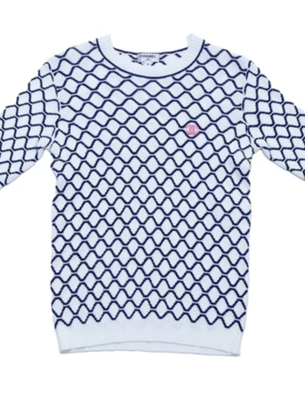 CHANEL White and Navy Wave Knit Sweater with Pink Logo Patch